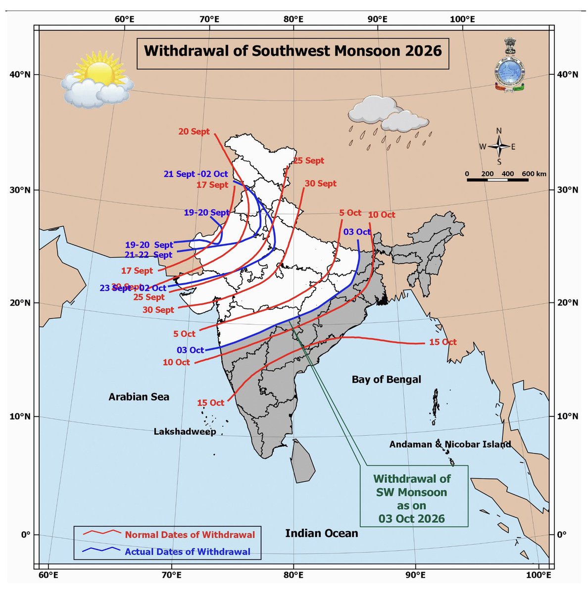 chennaiweather's tweet photo. Update: SW Monsoon withdrawal over most parts of North India and wind reversal expected by next week end. https://t.co/sLy5pW6yZp