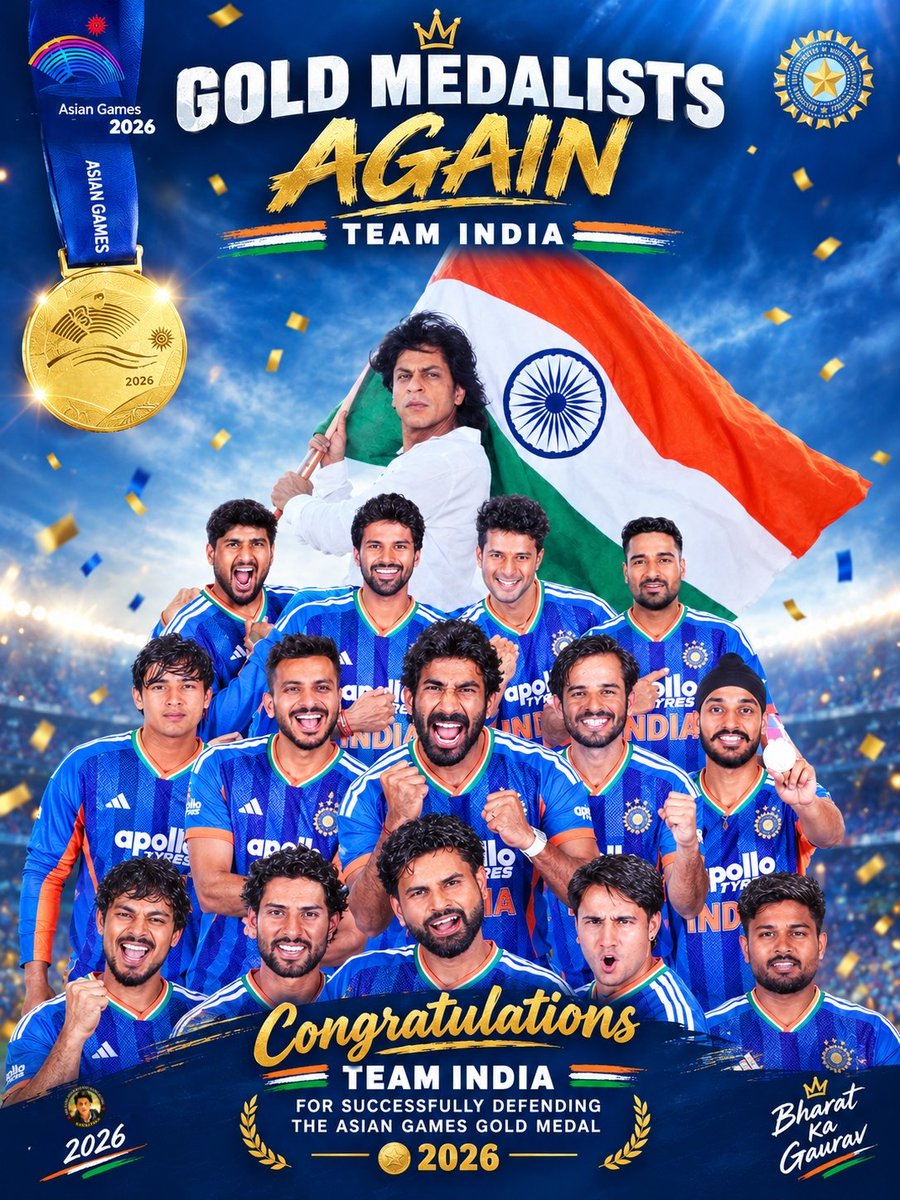 Srk_bangalore's tweet photo. 🇮🇳🏆 GOLD MEDALISTS AGAIN! 🥇🔥

Team India brings home the Asian Games Gold once again!
Pride. Passion. Glory. Bharat Ka Gaurav! 🇮🇳❤️

@BCCI

#TeamIndia #AsianGames2026 #ChakDeIndia #India 🇮🇳 https://t.co/1gq7jcld6a