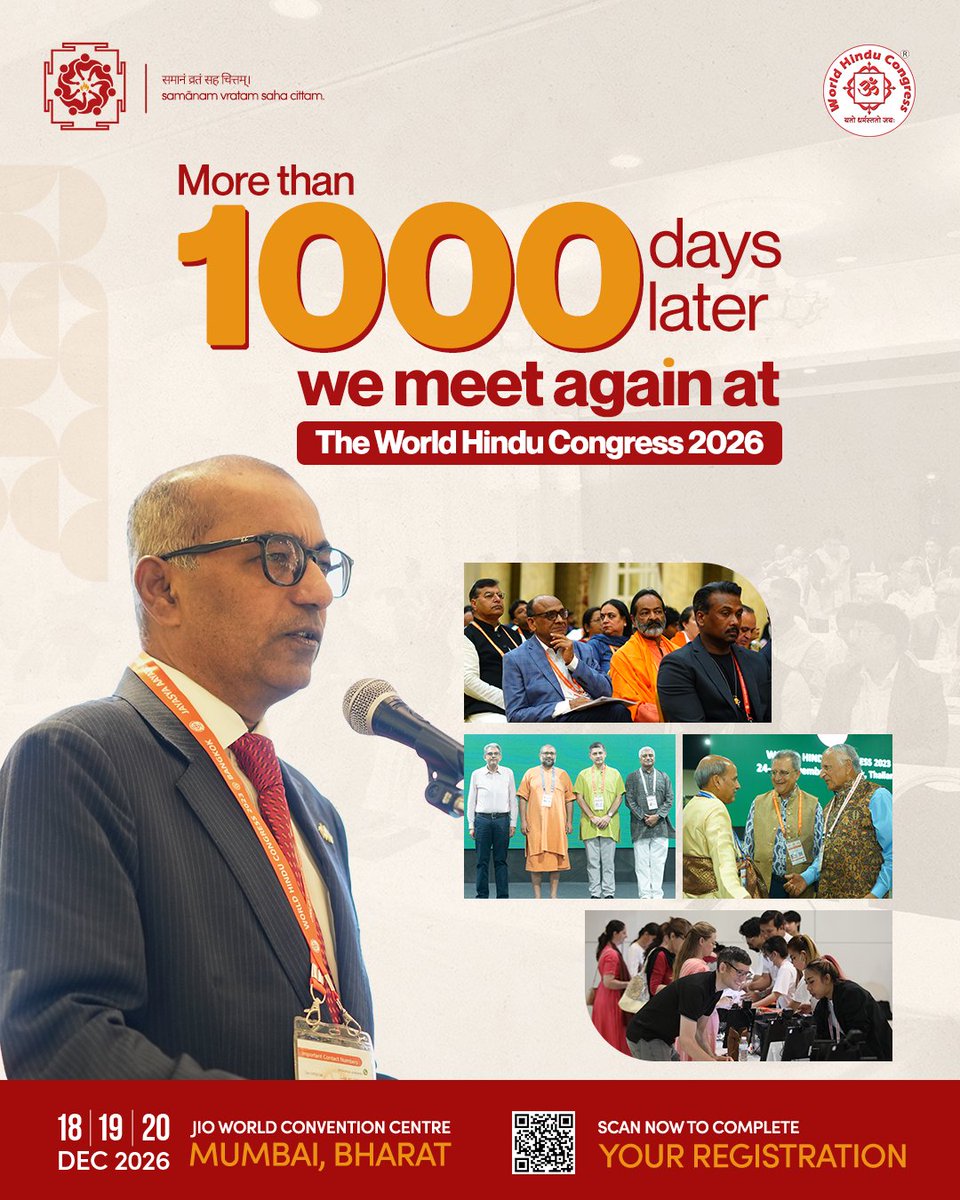 WHCongress's tweet photo. From the moments of WHC 2023 to the next chapter in Mumbai. 

More than 1,000 days later, we meet again at the World Hindu Congress 2026.

📍 Mumbai, Bharat | 📅 18–20 December 2026
Register now: https://t.co/prD4vRFCWO

#WorldHinduCongress  #WHC #GlobalHinduGathering #NewOpportunities #HinduCommunity #GlobalConnections #HinduLeadership #MumbaiConference  #WHCRegistration