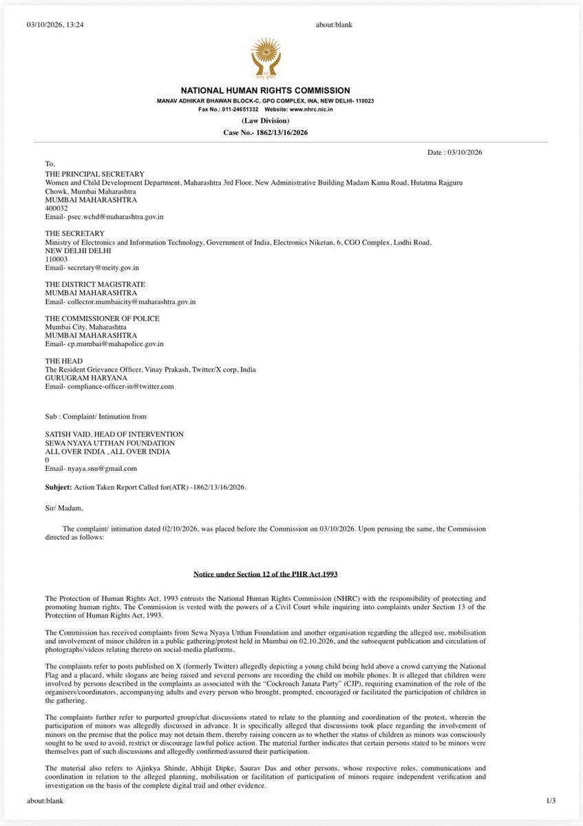 abhijitmajumder's tweet photo. NHRC takes cognisance of alleged misuse of children in CJP’s Mumbai protest.
@KanoongoPriyank 👌🏼 https://t.co/WWAEiLjeFk