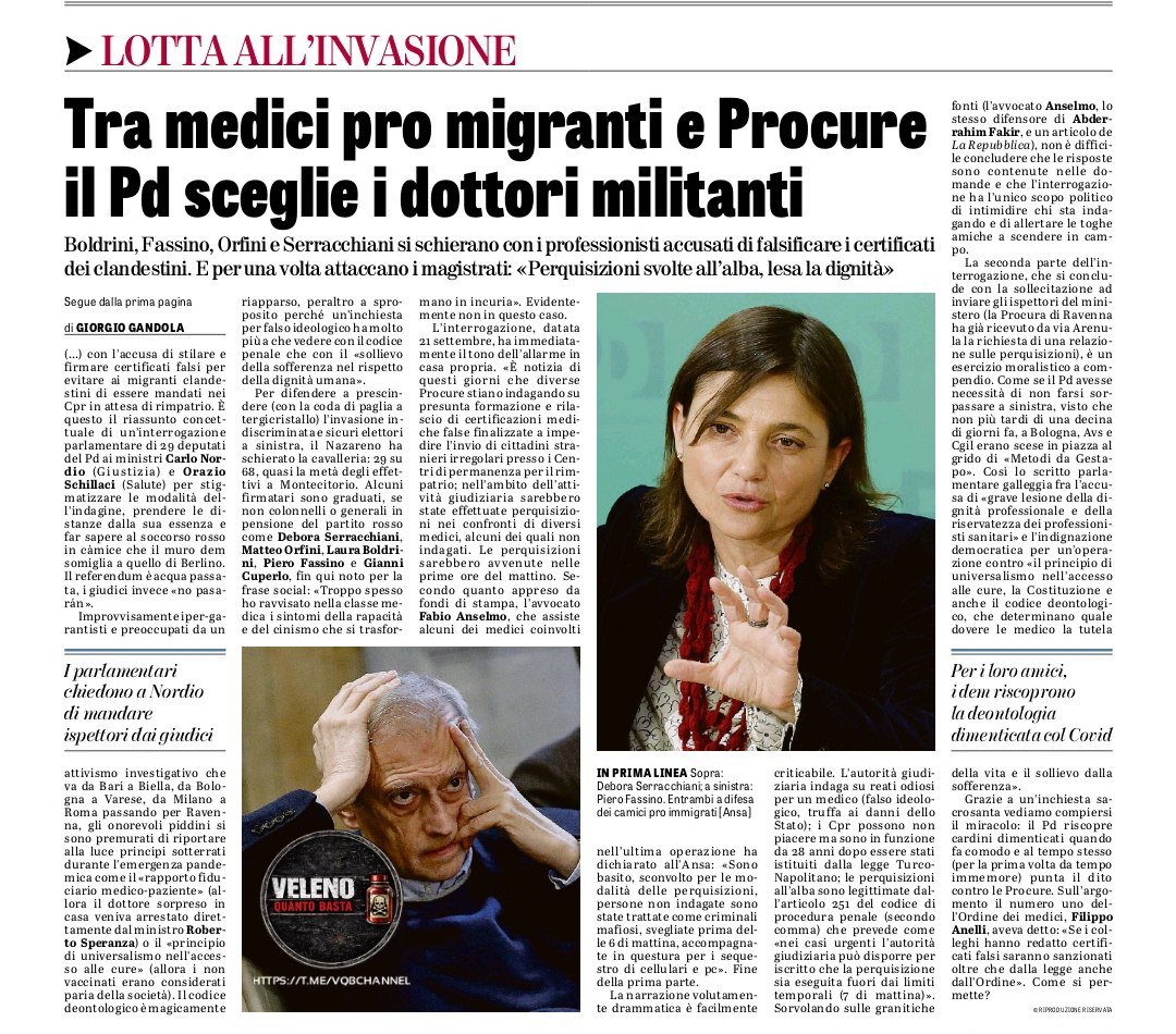 LadyAfro17's tweet photo. 2 ottobre 2026, Italia
IL PD HA SCELTO CON CHI STARE
(la Verità)
Non con la giustizia, ovviamente, ma con i medici accusati di falsificare certificati per bloccare i rimpatri degli irregolari.
Deputati come #Boldrini, #Fassino, #Orfini e #Serracchiani arrivano persino ad attaccare i magistrati, parlando di "perquisizioni che feriscono la dignità".
Gli stessi che durante il #Covid tacevano sulla sospensione dei medici, oggi riscoprono Costituzione e deontologia. Sempre e solo per tutelare i loro amichetti islamisti.
Tra legalità e clandestinità, la sinistra ha già fatto la sua scelta.
#3ottobre #Italia #PD
#Migranti #Clandestini
#Illegals #CPR #Maranza
#UE #EU #UUEE #EurasiaNews
#Islamismo #CamiciRossi
https://t.co/2TbEmsUKjc
