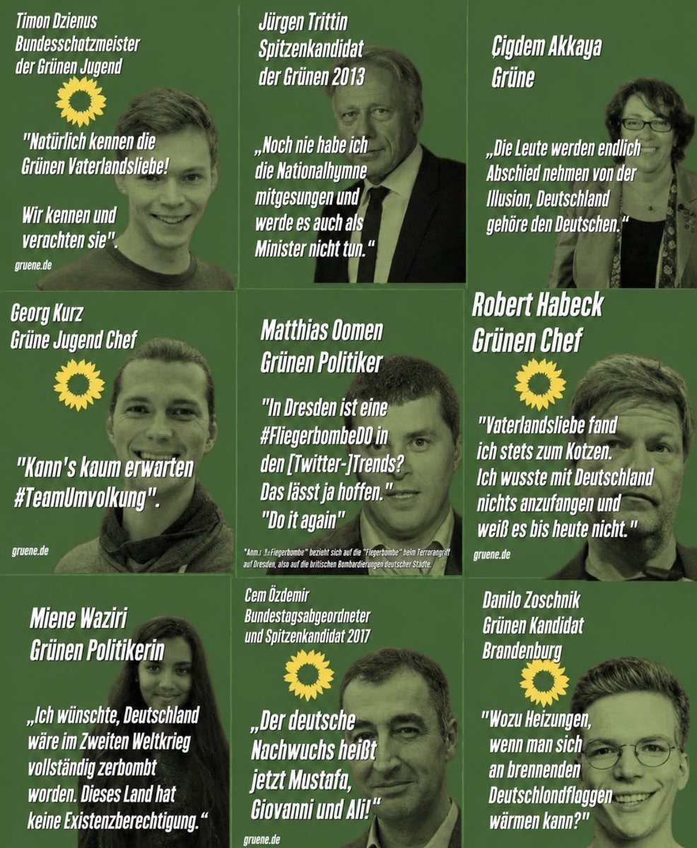Georg_Pazderski's tweet photo. „‚Schwarz-Rot-Gold selbstbewusst zeigen‘ – Brantner will Nationalfarben nicht rechtem Rand überlassen.“

Ausgerechnet die Grünen, die jahrzehntelang gegen dieses Land gehetzt haben. Die Vaterlandsliebe zum Kotzen fanden und mit Deutschland, der deutschen Kultur und den deutschen Tugenden nichts anfangen konnten, entdecken plötzlich ihren Nationalstolz.

Was für eine lächerliche und verachtenswerte Truppe!