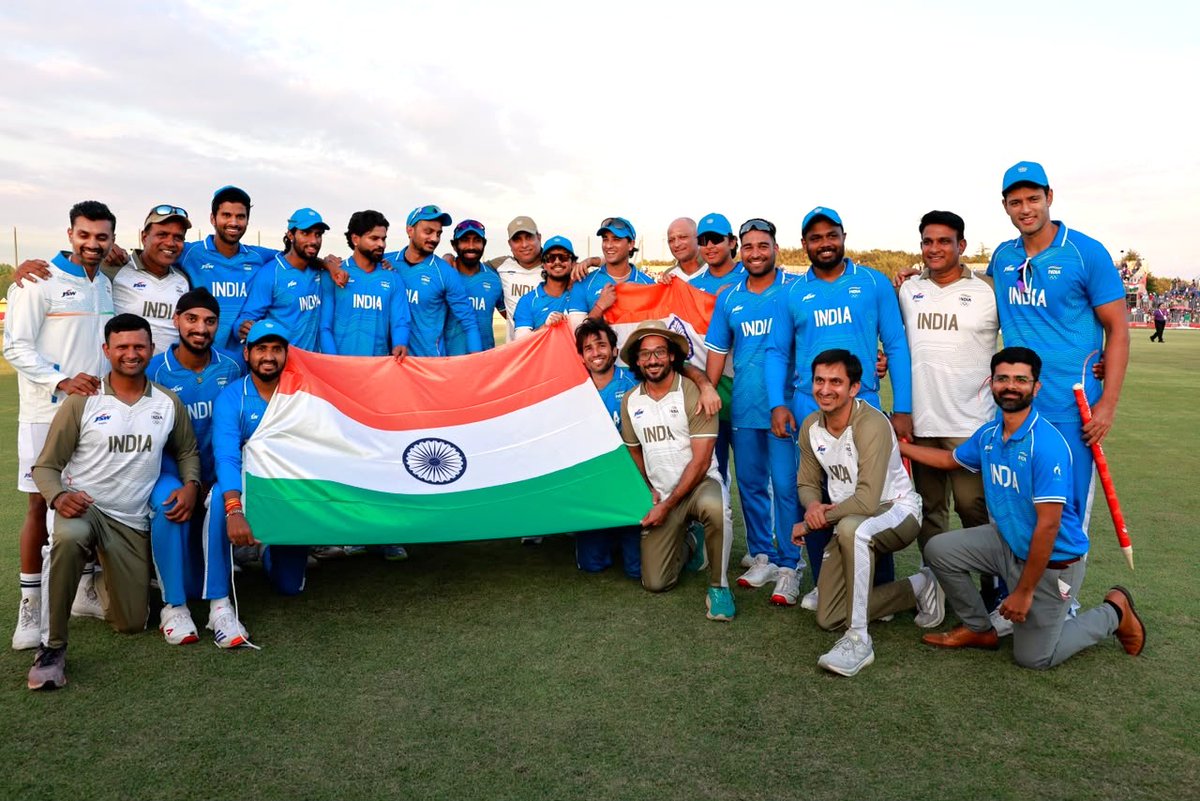 AmitShah's tweet photo. Smashing Victory for India!
Hats off to our Men’s Cricket Team for the exhilarating win in today’s match, clinching the Gold Medal🥇 at the #AsianGames2026. The typhoon of performance you unleashed on the ground, with your mighty scores, tearing bowling and robust fielding, ensured that the rival team stood no chance and India went on a celebration spree. We are all proud of you. May victory always be yours.