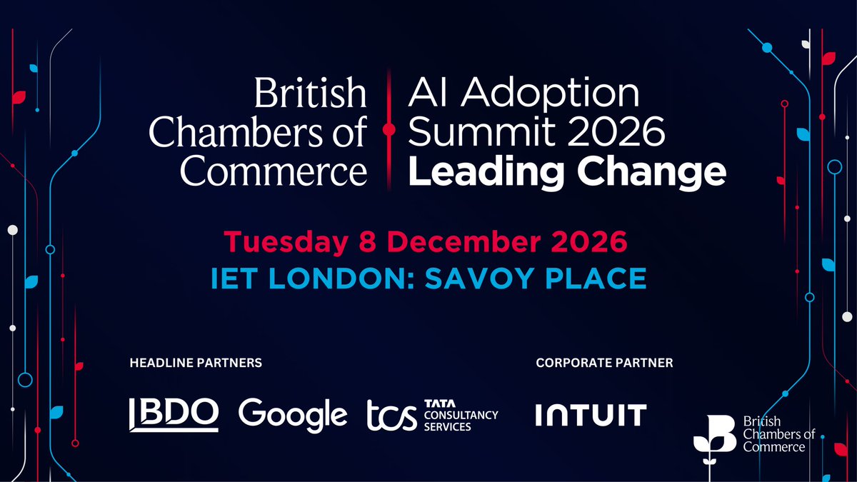 InvictaChamber's tweet photo. Registrations are now open for the BCC AI Adoption Summit 2026.
London | Tuesday 8th December 2026.

The challenge for leaders is no longer whether to adopt AI, but how to turn its potential into real productivity, growth and competitive advantage.

https://t.co/nw2o1gD0xJ https://t.co/jeOSY7e7lE