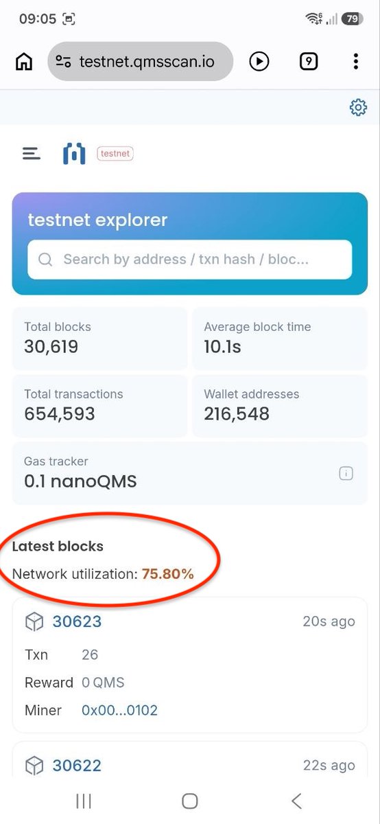 Christopher_QMS's tweet photo. We launched our @QMSNetwork Testnet Beta without doing any load testing. Our code worked. We opened the testnet to the public. Happy to see that we hit 75% utlization this morning, with some blocks full to near 100%. All is working smoothly. 🔥🚀🚀 https://t.co/6ScCXqESwd