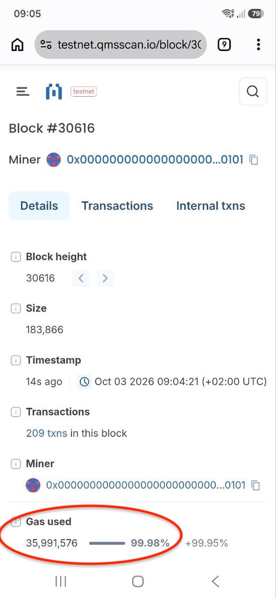 Christopher_QMS's tweet photo. We launched our @QMSNetwork Testnet Beta without doing any load testing. Our code worked. We opened the testnet to the public. Happy to see that we hit 75% utlization this morning, with some blocks full to near 100%. All is working smoothly. 🔥🚀🚀 https://t.co/6ScCXqESwd