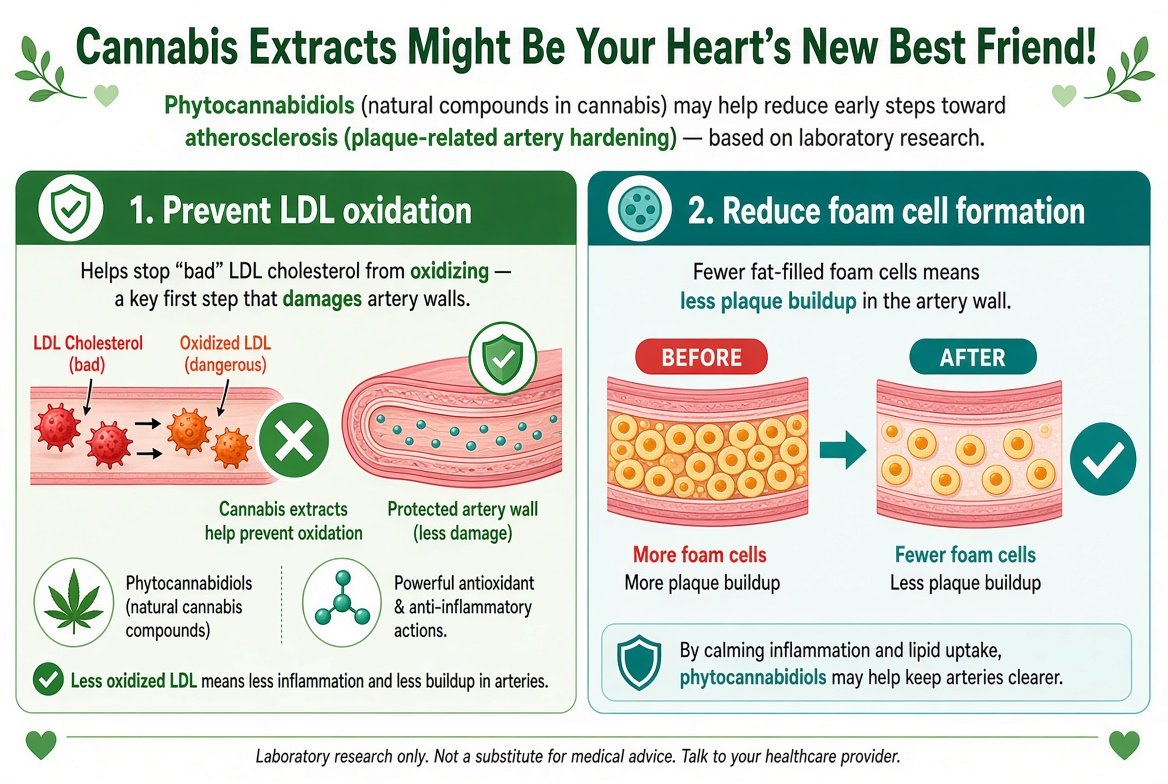 marclanders's tweet photo. Cannabis Extracts Might Be Your Heart's New Best Friend!

Phytocannabinoids (natural compounds found in cannabis) can help reduce the harmful effects that lead to atherosclerosis (hardening of the arteries due to plaque buildup). 

They do this by: 

Preventing LDL (bad cholesterol) from oxidising, which means stopping it from becoming damaging to artery walls. 

Reducing the creation of foam cells, which are cells filled with fat that contribute to plaque buildup in artery walls.
https://t.co/k85F6Lf4AU