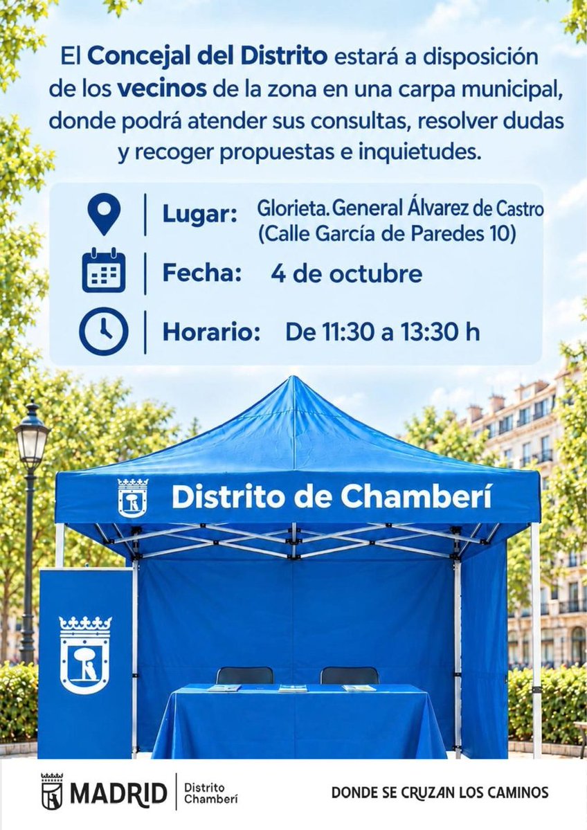 JMDChamberi's tweet photo. 💬 Comparte tus propuestas y consultas sobre #Chamberí con el concejal @jaimegtaboada en la carpa municipal.

🗓 Mañana, domingo, 4 de octubre
⏰ De 11:30 a 13:30 h
📍 Glorieta del General Álvarez de Castro (García de Paredes, 10) https://t.co/g8MzEVoRQC