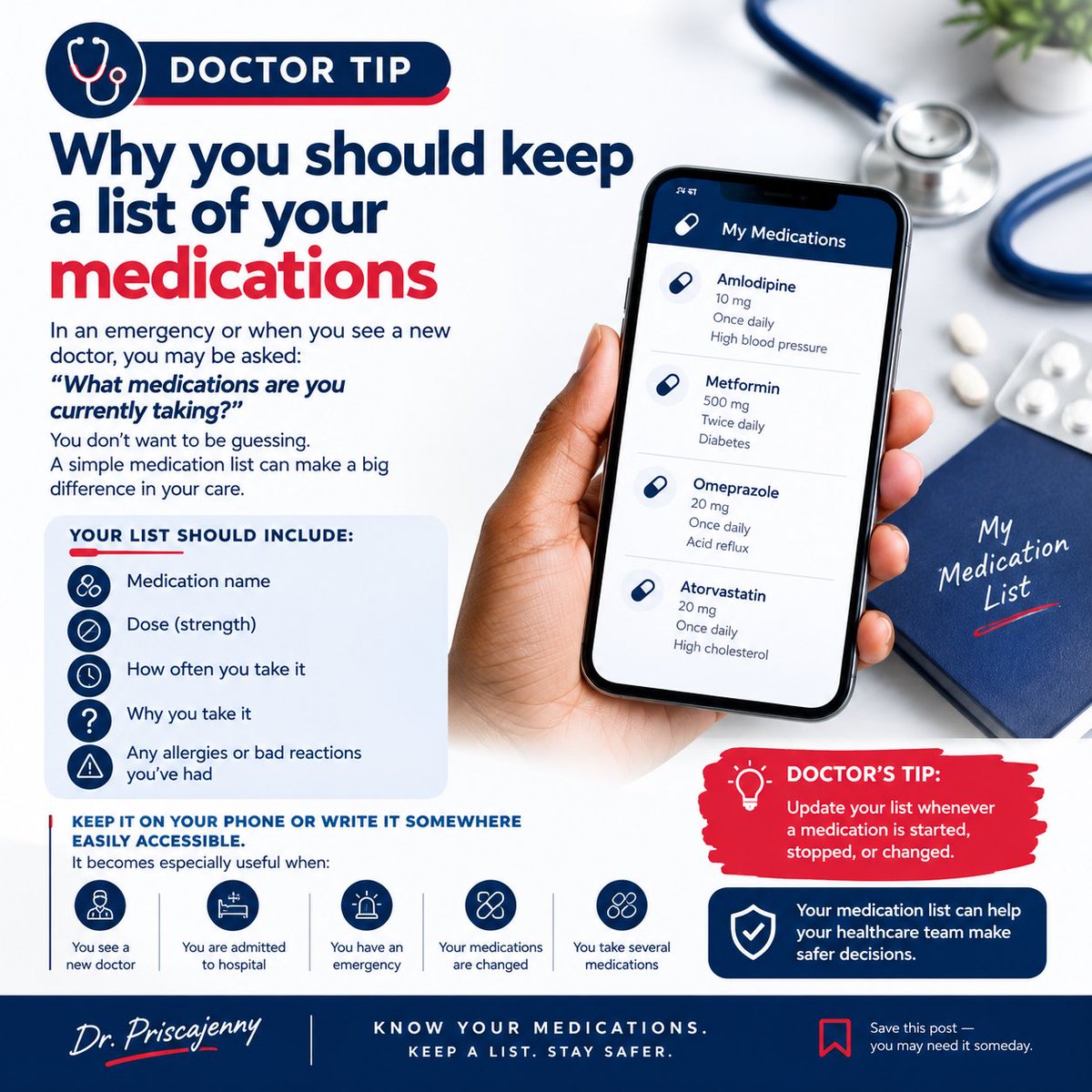 priskajennix's tweet photo. 🩺 Doctor Tip: Don’t rely on memory when it comes to your medications.

Keep a list of the medication name, dose, frequency and reason for taking it.

Keep it on your phone. You may need it when you least expect it. https://t.co/MTi8yw7wY4