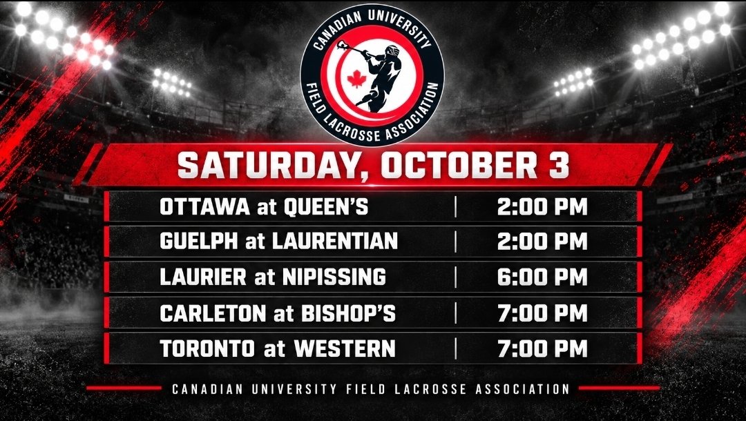 CUFLAlacrosse's tweet photo. A huge day of CUFLA action is ahead, with five games on the schedule this Saturday!

The action begins with two 2:00 p.m. matchups before three more games light up the evening. Don’t miss a full day of Canadian university field lacrosse!

#CUFLA #CanadianUniversityLacrosse https://t.co/VJtE5bq9A1