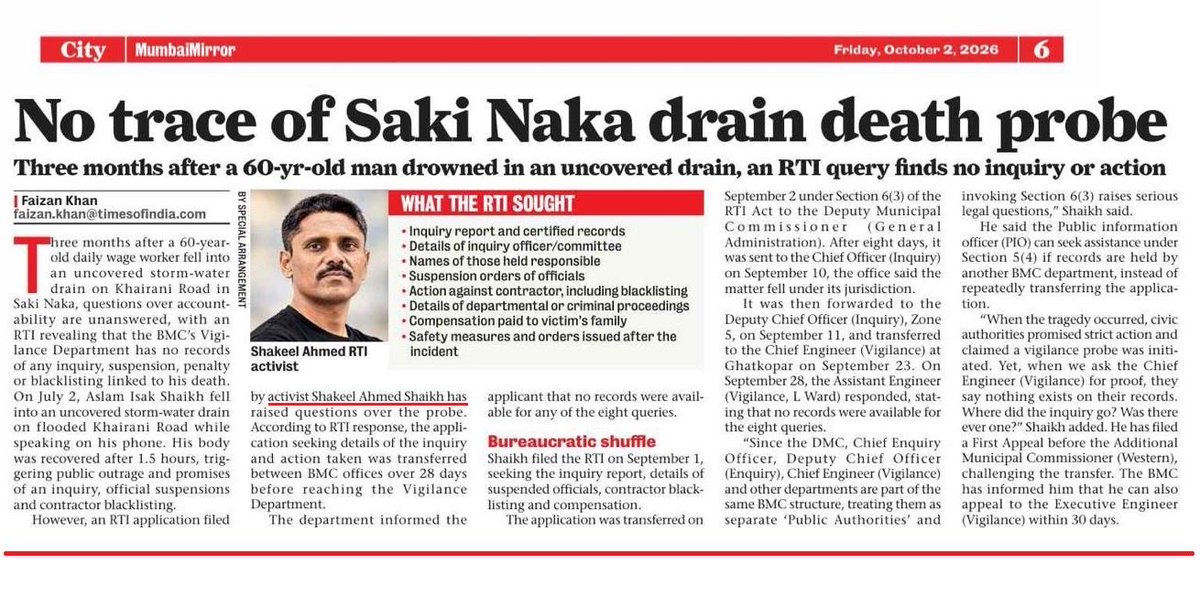 rtiwithshakeel's tweet photo. 3 months after a 60-year-old man drowned in an uncovered drain at Saki Naka, an RTI revealed no records of any inquiry or action by BMC. Who is accountable? Demand an independent probe, transparency and strict action against responsible officials. @mybmc @mybmcCommissioner #BMC https://t.co/kt212Smigo