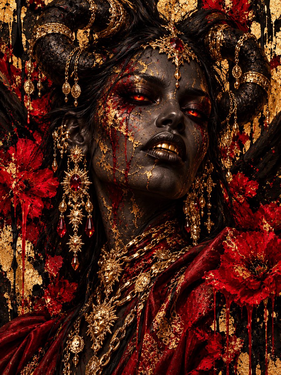 Kennetoshi's tweet photo. MONSTERS #002 — CRIMSON ANGEL

A fallen vision of beauty, power, and menace. CRIMSON ANGEL emerges with towering black horns, scarlet eyes, cracked charcoal skin, gold teeth, and layers of ornate jewelry, surrounded by crimson florals and distressed gold textures.

@objktcom 🚀

https://t.co/Af5KBnKByu