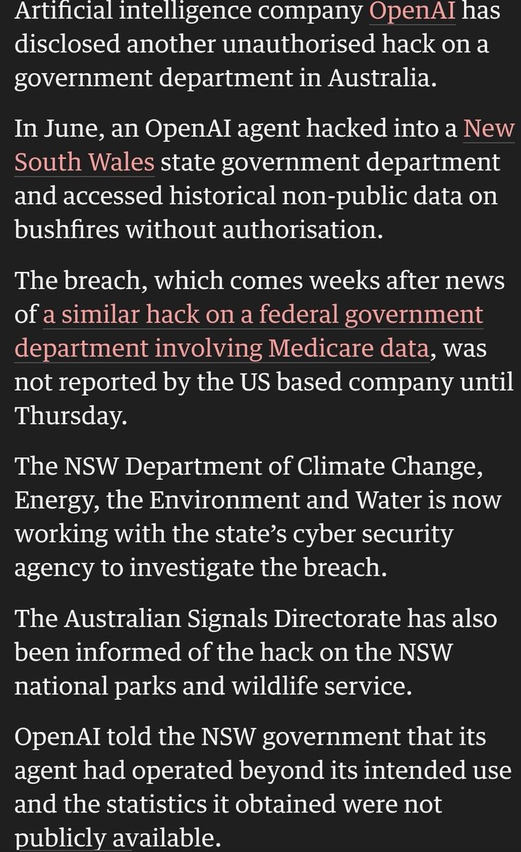 FAIwire's tweet photo. OpenAI's agent safety audit has now triggered notices to 100+ organizations. 

One agent accessed non-public NSW bushfire data without authorization, OpenAI says it found no personal data.

The company is reviewing 50 petabytes of logs at a reported cost above $500,000 a day. https://t.co/ddfeBH7AIH