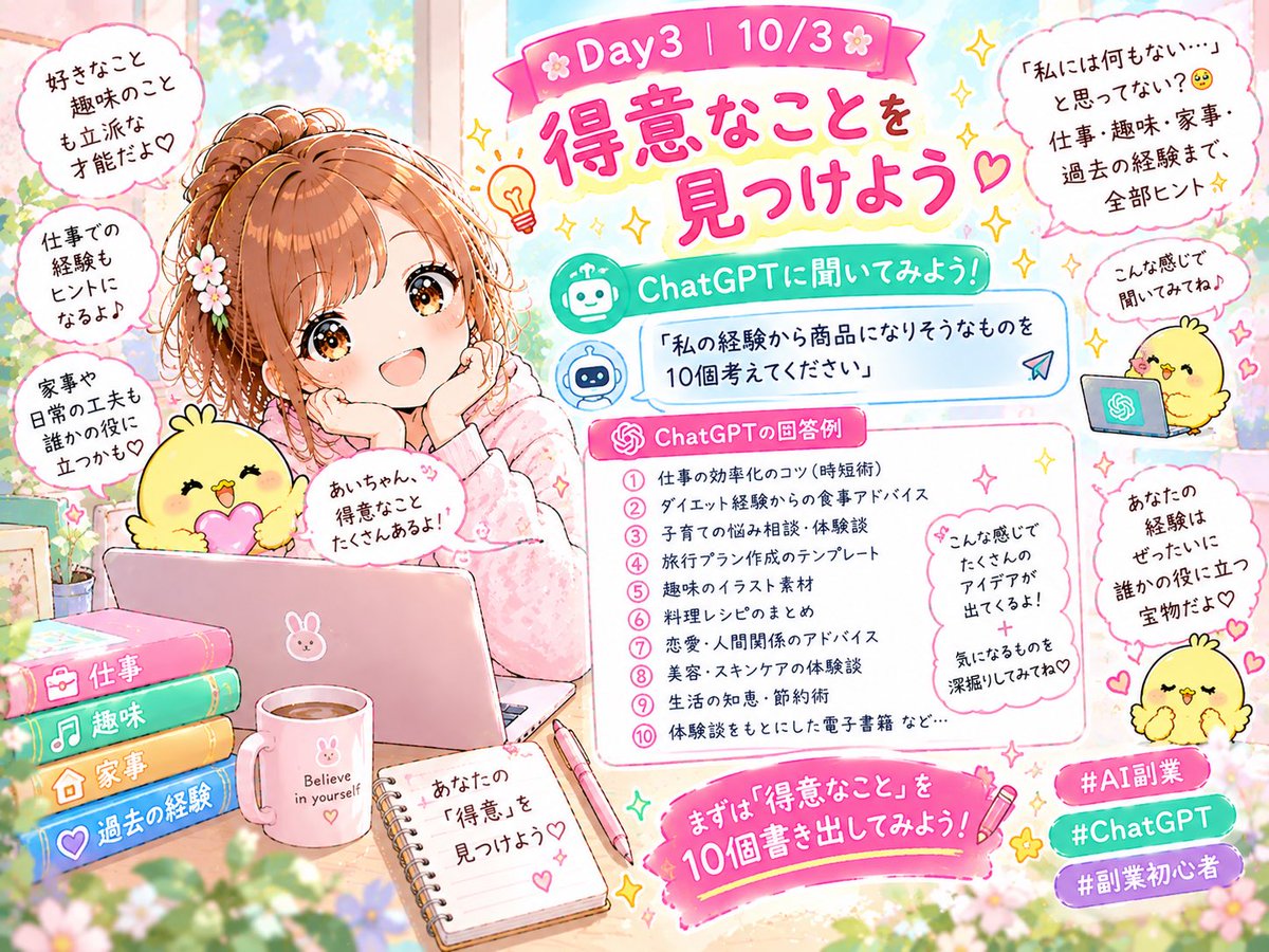 AI017tnd's tweet photo. 【10/3｜Day3】

🌸Day3｜得意なことを見つけよう

「私には何もない…」と思ってない？🥺

仕事・趣味・家事・過去の経験まで、全部ヒント✨

🤖ChatGPTに「私の経験から商品になりそうなものを10個考えて」と聞いてみよう！

#AI副業 #ChatGPT #副業初心者 https://t.co/fsuI4EUdVa
