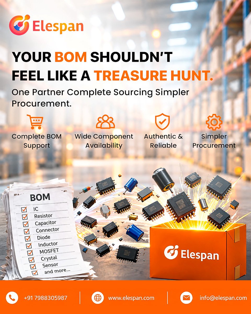 elespan_1's tweet photo. Your BOM shouldn’t feel like a treasure hunt. 🔍⚙️
With Elespan, simplify sourcing with complete BOM support, wide component availability, and reliable procurement—all from one partner.
#Elespan #BOM #Procurement #Electronics https://t.co/IcuSbSnyvr
