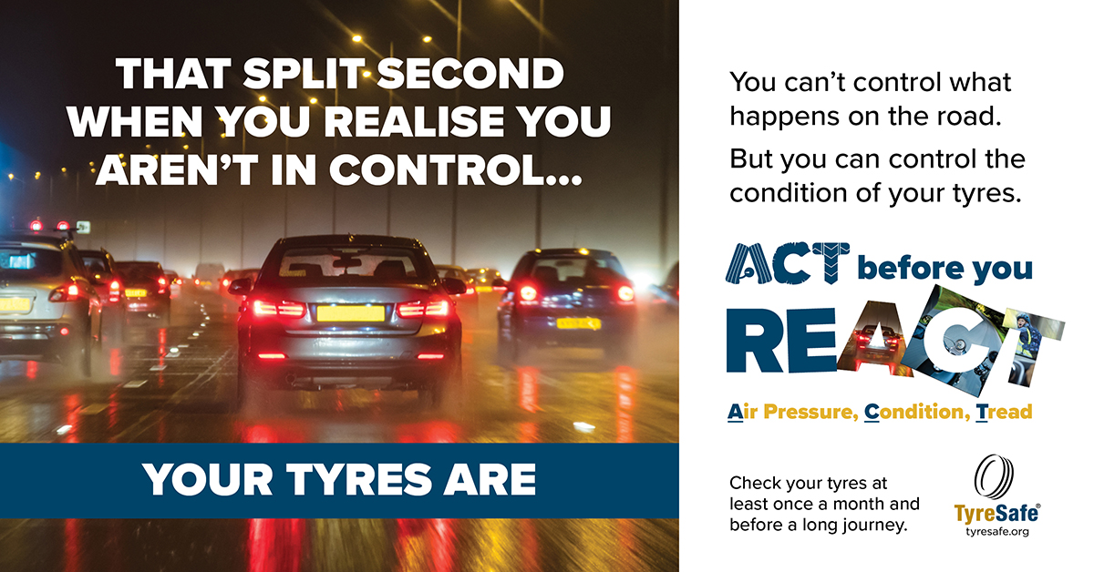 Tyresafe's tweet photo. That split second when you realise you're not slowing down as quickly as you expected isn't the moment to start thinking about your tyres. Make sure they're ready before every journey. #TyreSafetyMonth #ACTBeforeYouREact https://t.co/Sp9zW3ljEv