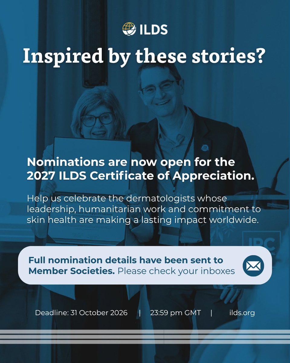 ILDSDerm's tweet photo. 🌍 Recently presented with an ILDS Certificate of Appreciation, three recipients reflect on what this recognition means to them and the communities they serve.

Nominations for the 2027 ILDS Certificate of Appreciation are now open - Deadline: 31 October 2026, 23:59 GMT https://t.co/mwpfmt5Zbb