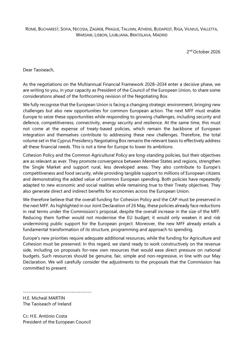 NicusorDanRO's tweet photo. Together with @GiorgiaMeloni 🇮🇹, we united 17 Friends of Cohesion EU Member States around a common objective: preserving Agriculture and Cohesion as central priorities in the next European budget, while ensuring adequate resources to address Europe’s new challenges.
 
We strongly believe this is doable – and we addressed a joint letter to @MichealMartinTD 🇮🇪 as Presidency of the Council of the EU 2026 @Ireland2026eu, ahead of the next steps in the MFF negotiations.