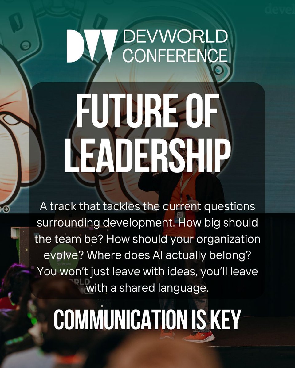 devworld_conf's tweet photo. 🤝 The hardest problems in tech don’t always belong to one team.

The Align & Lead knowledge track brings product, engineering and leadership into the same room to tackle the gaps between what teams build, what organizations need, and how we lead through change.

Come for the conversations. Leave with a shared language you can take back to your team.

Align & Lead at DEVWorld. 🚀

#devworld #engineeringleadership #productmanagement #techleadership