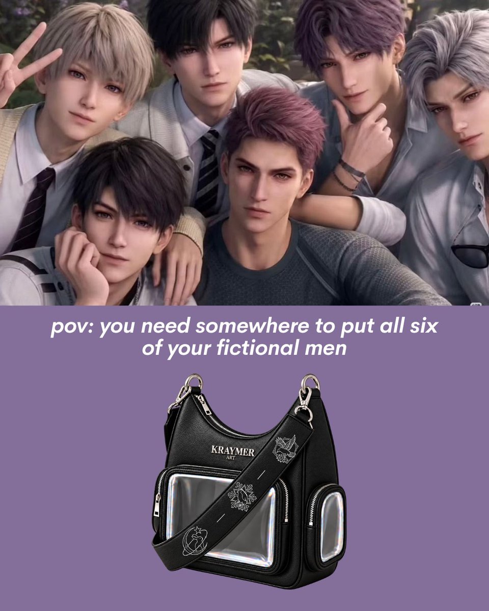 KraymerArt's tweet photo. Phone, keys, wallet… six fictional men. All the essentials. 🤭💜 Decorate your Deepspace Ita Bag with your favorites and take the whole group out. 

Check them out on the Kickstarter link in our bio 🌟

#loveanddeepspace #sylus #xavier #zayne #itabag #merch https://t.co/i20HfGpDkJ