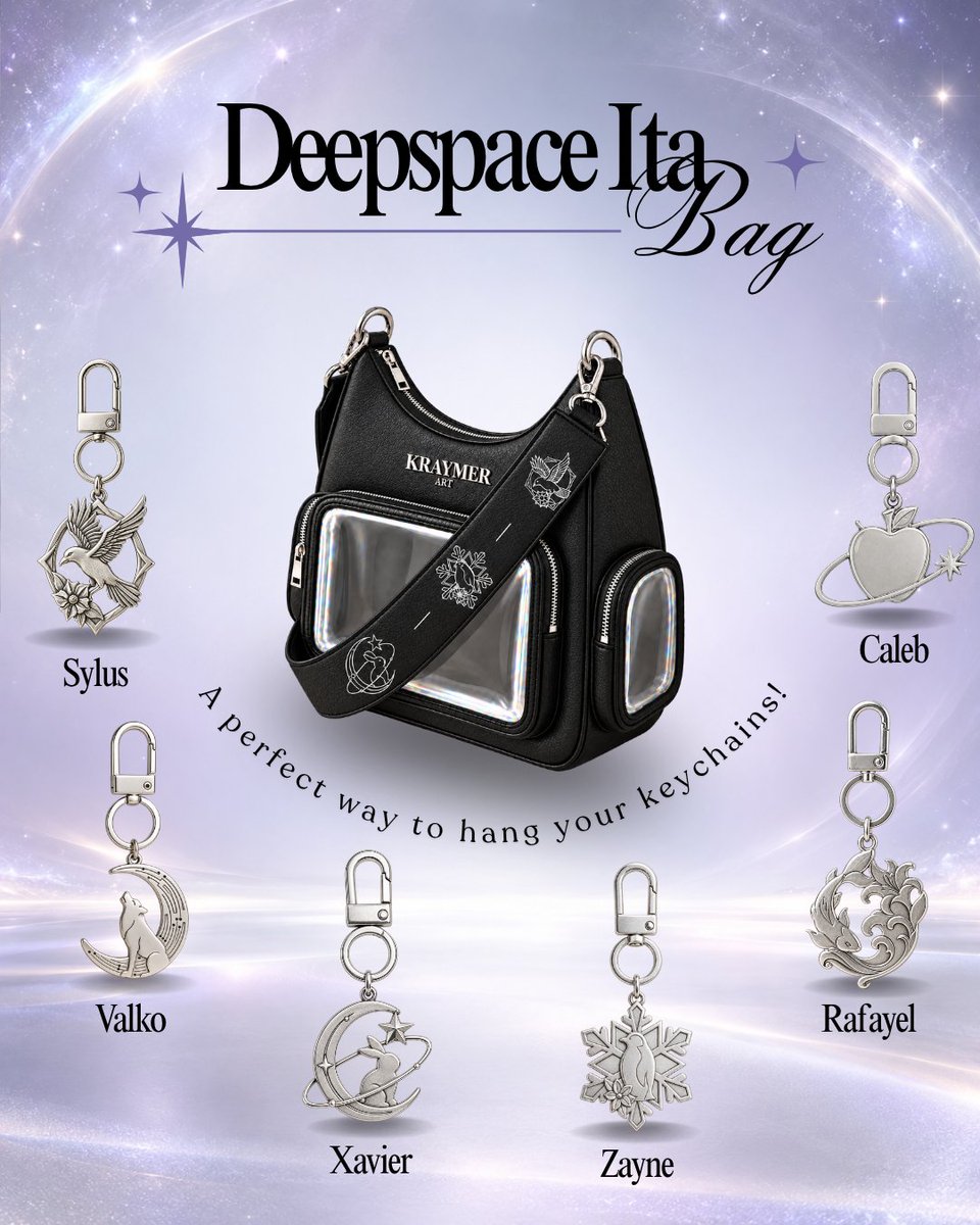 KraymerArt's tweet photo. Phone, keys, wallet… six fictional men. All the essentials. 🤭💜 Decorate your Deepspace Ita Bag with your favorites and take the whole group out. 

Check them out on the Kickstarter link in our bio 🌟

#loveanddeepspace #sylus #xavier #zayne #itabag #merch https://t.co/i20HfGpDkJ