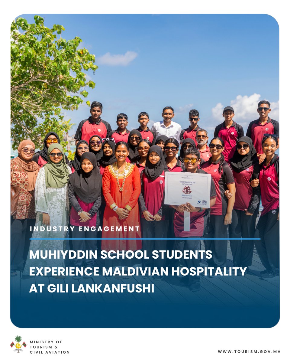 MoTmv's tweet photo. Muhiyddin School students visited Gili Lankanfushi to celebrate World Tourism Day 2026 through an inspiring look into Maldivian hospitality. Through hands-on exposure to resort operations and interactions with industry professionals, students explored the creativity and career opportunities that help deliver exceptional guest experiences in the Maldives. Students got the opportunity to experience the sustainable tourism practices initiatives in Gili Lankanfushi.
#WorldTourismDay2026 #Resortexposuretrips2026