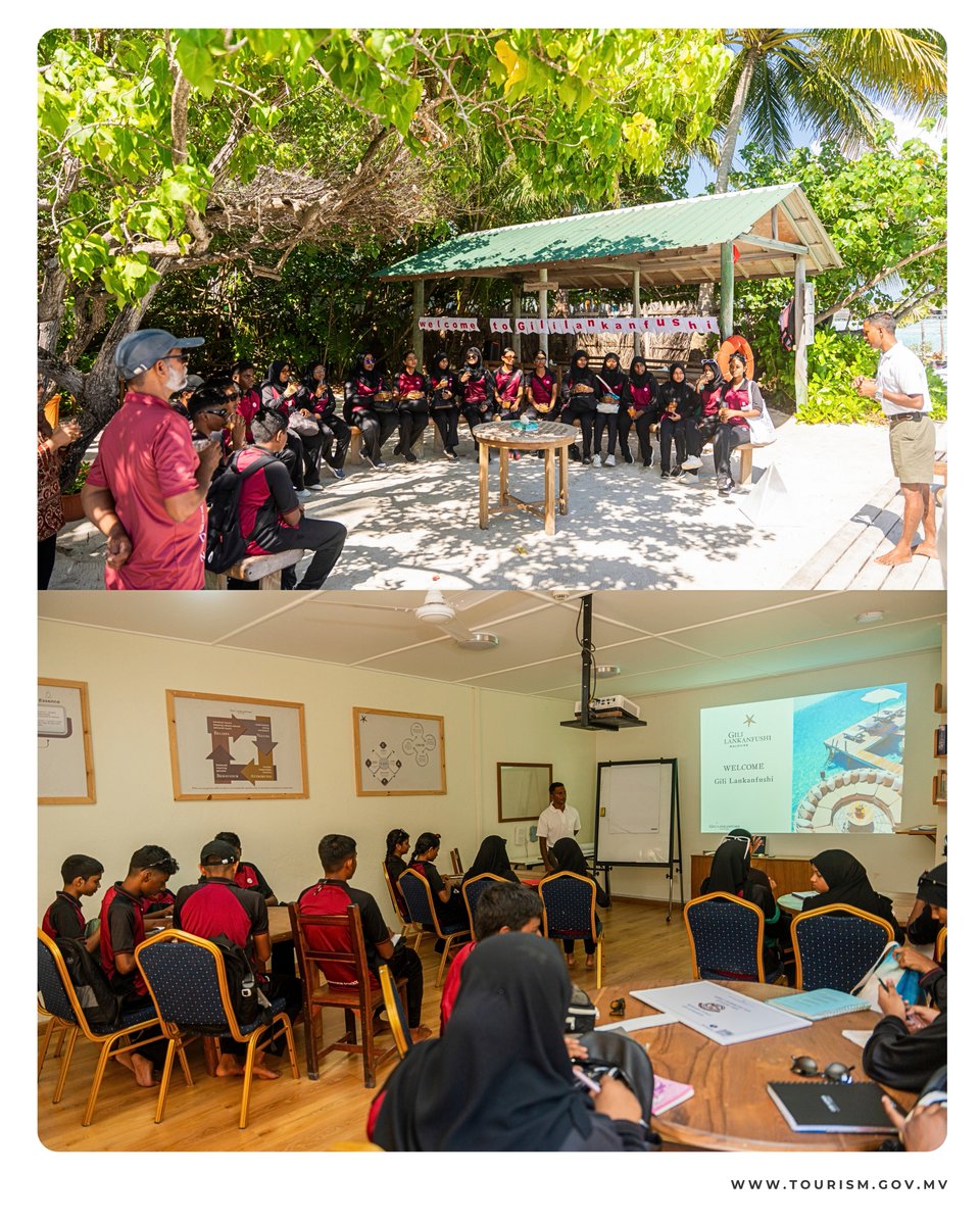 MoTmv's tweet photo. Muhiyddin School students visited Gili Lankanfushi to celebrate World Tourism Day 2026 through an inspiring look into Maldivian hospitality. Through hands-on exposure to resort operations and interactions with industry professionals, students explored the creativity and career opportunities that help deliver exceptional guest experiences in the Maldives. Students got the opportunity to experience the sustainable tourism practices initiatives in Gili Lankanfushi.
#WorldTourismDay2026 #Resortexposuretrips2026