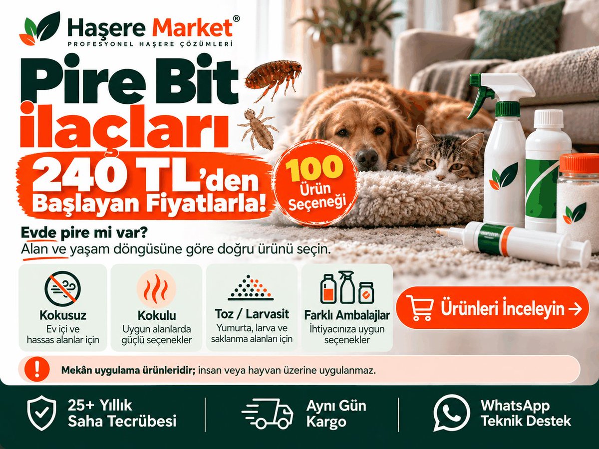 haseremarket's tweet photo. 🐾 EVDE PİRE Mİ VAR? 240 TL’DEN BAŞLAYAN ÜRÜN SEÇENEKLERİ!

“En etkili pire ilacı hangisi?”
“Kokusuz mu, kokulu mu?”
“Toz mu, sıvı mı?”
“İlaçladım ama neden tekrar çıktı?”

Pirede yalnız sıçrayan erginleri hedeflemek yetmeyebilir. Halı, koltuk, süpürgelik, hayvan yatağı ve diğer saklanma alanları ile yaşam döngüsünü birlikte düşünün.

🌿 Kokusuz
🔥 Kokulu
⚪ Toz / larvasit
🧴 Farklı ambalaj seçenekleri
🛒 100 ürün
💰 240 TL’den başlayan fiyatlar
📦 Aynı gün kargo
💬 WhatsApp teknik destek

⚠️ Mekân uygulama ürünleridir; insan veya hayvan üzerine uygulanmaz.

🎯 Doğru ürün + doğru alan + doğru uygulama.

👉 İnceleyin:
https://t.co/ri5gPZg1FX

#Pire #Pireİlacı #HaşereMarket

Google'da Haşere Market
https://t.co/Z4lSLyLNrc