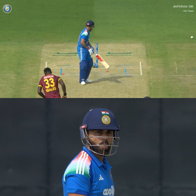 An Indian cricket batsman wearing jersey number 33 and a helmet with the BCCI logo is shown during a match, with a fielder (Seales, number 33) in the background. The image relates to the post about "missed centuries haunting us," likely capturing a moment where the batsman fell short of a hundred, including visible text "JioHotstar LIVE" and "1801 Views."