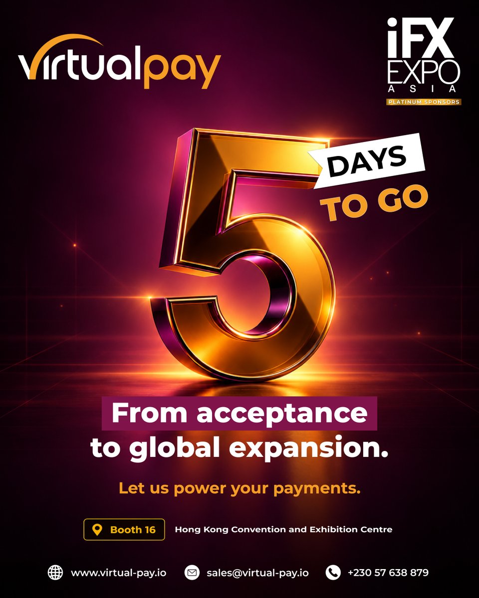 virtual_pay's tweet photo. Five days until we meet at iFX EXPO Asia.
If payment acceptance, security, compliance or market expansion is on your goal,
π Hong Kong Convention and Exhibition Centre | Booth 16 | is where the conversation gets practical.
#VirtualPay #iFXEXPOAsia #Fintech #PaymentSolutions https://t.co/UI45vxEjnU