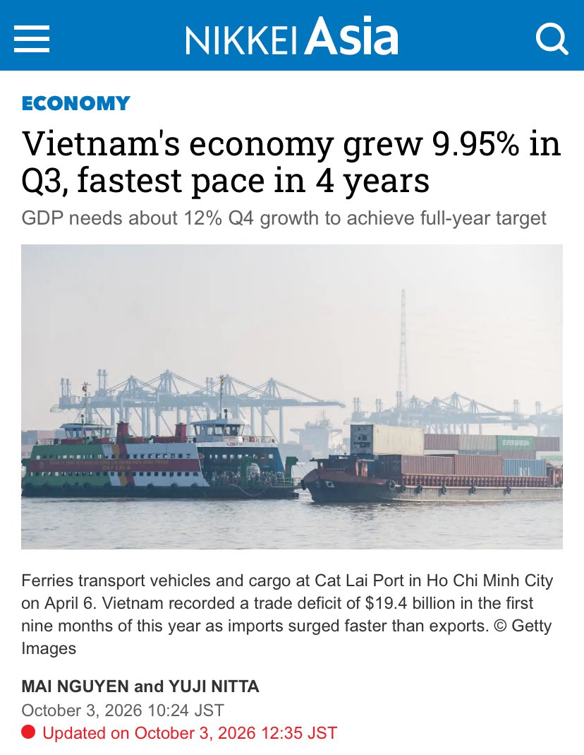 yusf_aries's tweet photo. Ekonomi vietnam tumbuh 9,95% di Q3, tercepat dalam 4 tahun. Defisit dagang $19,4 miliar? Tetap ngebut.

Sementara kita masih sibuk menjelaskan kenapa pertumbuhan 5% itu sudah cukup bagus 😆 https://t.co/B6TyjatdVs