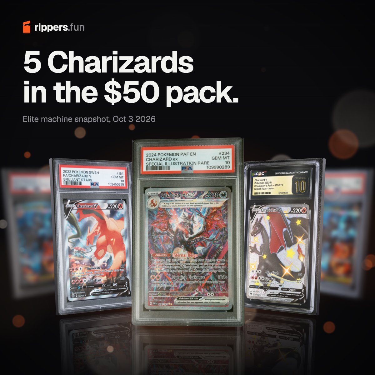 RippersDotFun's tweet photo. 5 charizards in the $50 elite pack as of today

charizard ex, two charizard V and two mega charizard X. https://t.co/OoAsaG3bL1