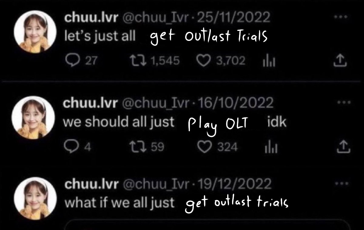 rykerzluv's tweet photo. My thoughts on today
#outlasttrials #OLT #rebarrels https://t.co/m4BIy3Hwul