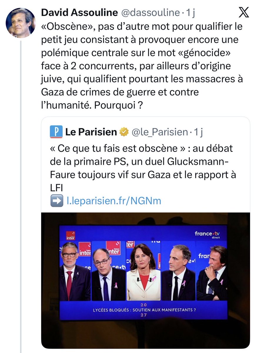 RimaHas's tweet photo. Je ne suis pas sûre de bien comprendre le raisonnement de David Assouline : parce que deux concurrents d’Olivier Faure dans cette primaire sont de confession juive et accessoirement candidats à la présidentielle, il faudrait donc taire le sujet du génocide à Gaza ?

Quel naufrage.

Premièrement, laisser entendre que la confession religieuse des uns et des autres déterminerait nécessairement leur positionnement sur un sujet aussi majeur que le génocide à Gaza est à la fois trompeur et profondément essentialisant. Être juif ne détermine pas une position politique et je rappelle que des juifs et juives sont en première ligne partout dans le monde y compris en Israël quant à la dénonciation de ce génocide. En Allemagne par exemple 40% des personnes interpelées dans les manifestations sur Gaza sont des personnes de confession juive. 

Deuxièmement, il est totalement lunaire de prétendre qu’il faudrait taire un sujet aussi important et urgent que la situation à Gaza au motif que certains candidats à la présidentielle sont juifs. Nous sommes dans une République laïque. La confession religieuse relève de l’intime et ne saurait servir à assigner un candidat à une position politique encore moins quand ce candidat prétend vouloir présider la France.