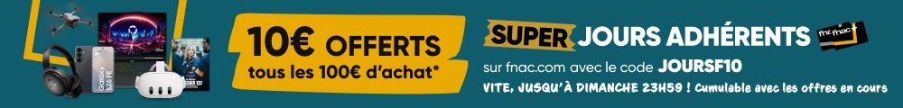ArkTech_News's tweet photo. 10€ offerts tous les 100€ d'achat jusqu'au dimanche 04 octobre 2026 23h59.
Avec le code : JOURSF10
Cumulable avec les offres en cours.
https://t.co/9do9ZNlZT9
#Weekend #HighTech #PC #Laptop #Desktop #Gaming #Streaming #UHDTV #Fnac #Accessoires #GEM #PEM #BonsPlans https://t.co/NXSW6ZYDrj