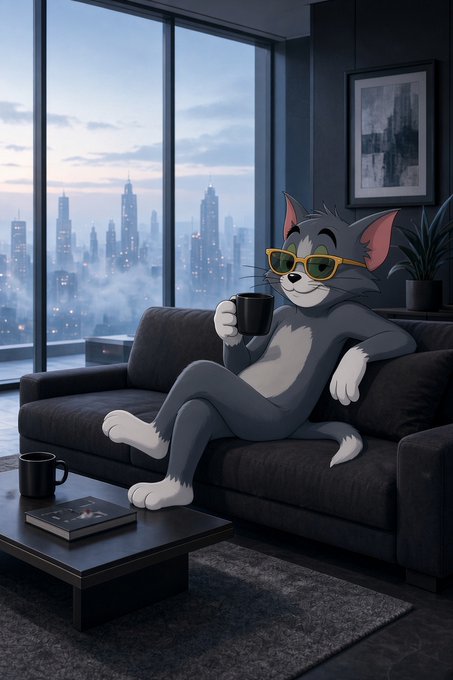 A digital illustration of Tom from Tom and Joy wearing yellow sunglasses, sitting on a dark sofa holding a coffee mug, with a city skyline visible through a large window in the background.