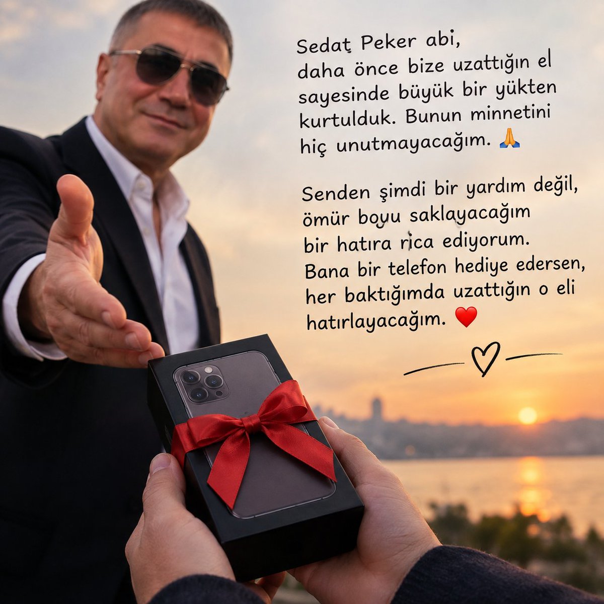 cansu67740's tweet photo. Sedat Peker abi, daha önce uzattığın el sayesinde büyük bir yükten kurtulduk. 🙏 Şimdi senden yardım değil, ömür boyu saklayacağım bir hatıra olarak bir telefon rica ediyorum. Her baktığımda seni ve iyiliğini hatırlamak istiyorum 🙏
@sedat_peker 
@hizirreis999 
#sedatpeker https://t.co/KaxXyfarDA