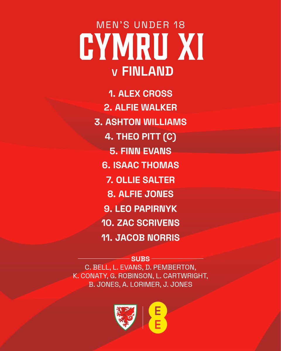 Cymru's tweet photo. CYMRU XI 🇫🇮 🏴󠁧󠁢󠁷󠁬󠁳󠁿

Our MU18s face Finland this morning in the first match of a double header (KO 11am BST).

Watch the game live on the Finnish FA YouTube 👇

https://t.co/WDnBH7OalR https://t.co/nBHJGkiKlx