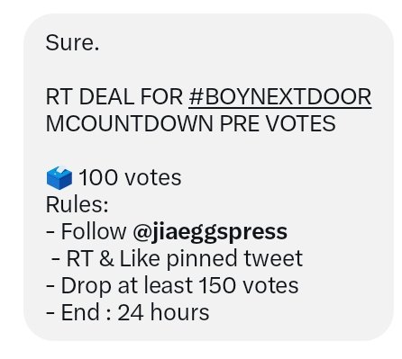 bndvoting_team's tweet photo. RT DEAL FOR #BOYNEXTDOOR MCOUNTDOWN PRE VOTES

🗳️ 100 votes
Rules:
- Follow @jiaeggspress 
 - RT &amp; Like pinned tweet
- Drop at least 150 votes
- End : 24 hours https://t.co/UthupvXGYh