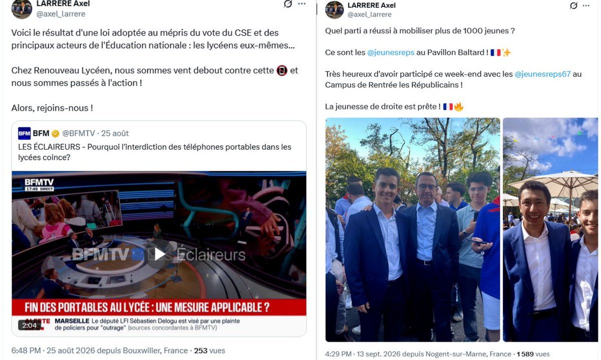 ManesNadel's tweet photo. Je suis indigné que l’on disqualifie Renouveau Lycéen, association qui est sortie enchantée des bavardages ministériels, simplement parce que son président fait la campagne d’Attal. Ils affirment qu’ils rassemblent « des lycéens de tous horizons ». En effet, le vice-président fait la campagne de Retailleau.