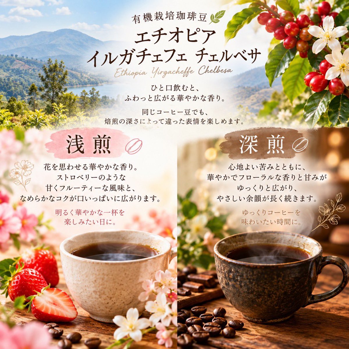 yamadayacoffee's tweet photo. 10月有機栽培珈琲豆
エチオピア イルガチェフェ チェルベサ

ひと口飲むと、ふわっと広がる華やかな香り。

同じコーヒー豆でも、
焙煎の深さによって違った表情を楽しめます。

浅煎の華やかさも、
深煎のやさしい苦みも。

お気に入りの一杯を見つけていただけたら嬉しいです。

1,980円/200g https://t.co/dRPhFyMS2x