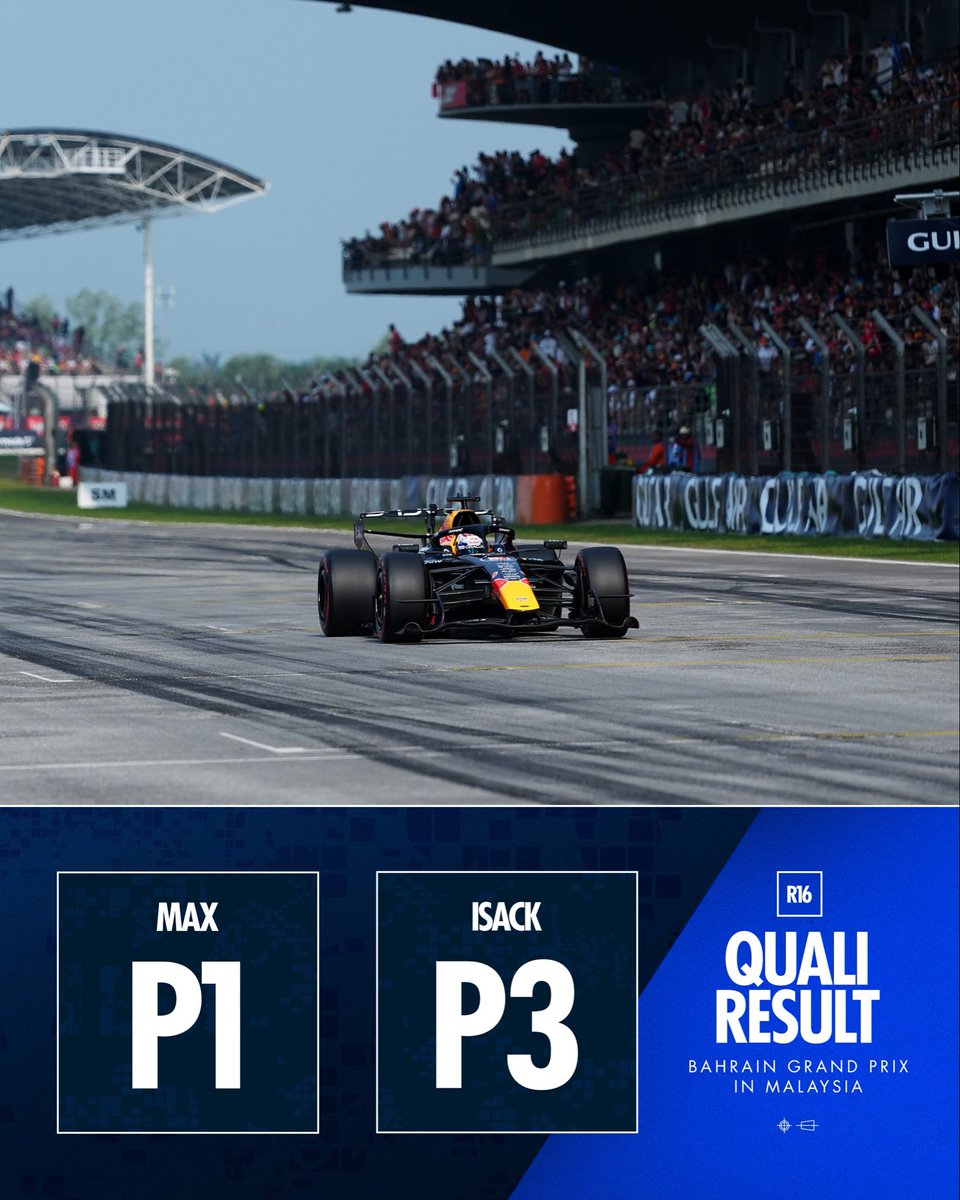 redbullracing's tweet photo. Picking up where he left off in Malaysia 😘

A great Qualifying from the Bulls 💙 Isack will take a five-place grid penalty for tomorrow's Grand Prix after taking a new ICE.

🏁 | Max 🦁, HAM, Isack 💪, ANT, LEC, NOR, PIA, RUS, GAS, BOR https://t.co/SjqXql3fAz
