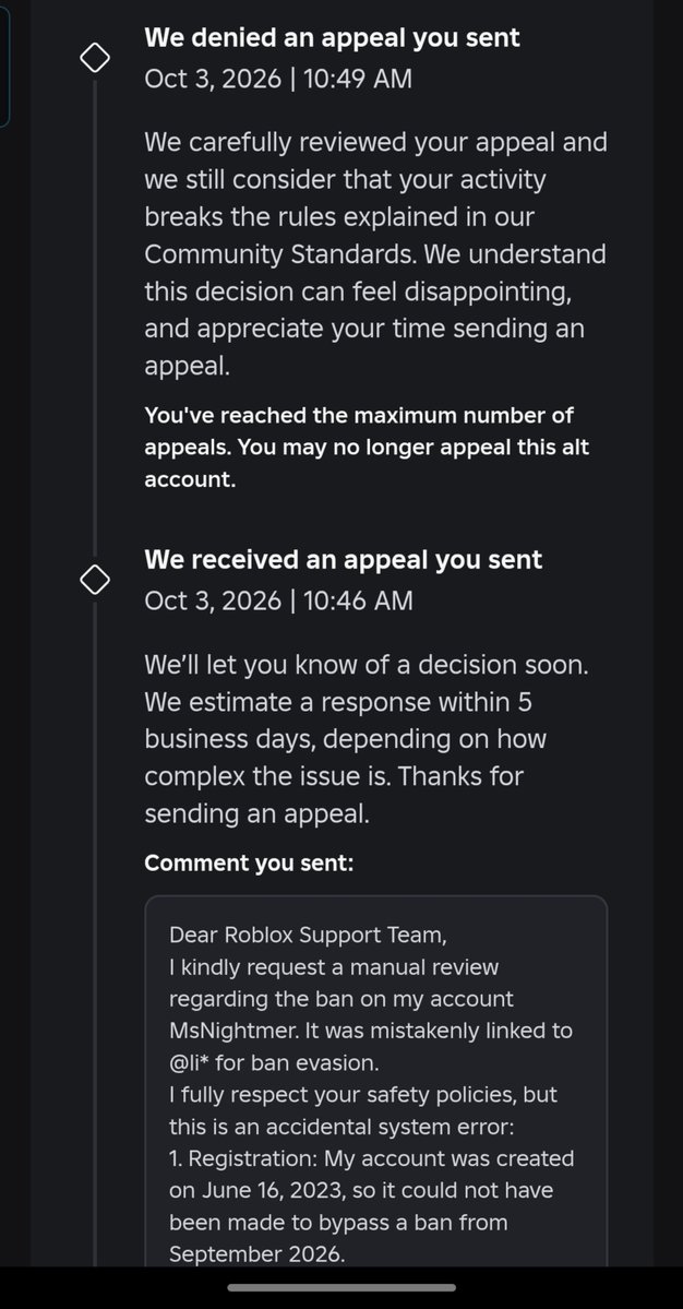 HedgehogLilOne's tweet photo. Hey, @Roblox
My account got banned and your ai moderation auto denied my appeal
I don't have mentioned alt account, I didn't play roblox for last few weeks AND my account was created in 2023 (how could it be created to bypass ban given to some other account is beyond me..) https://t.co/1UJRWrlgzH