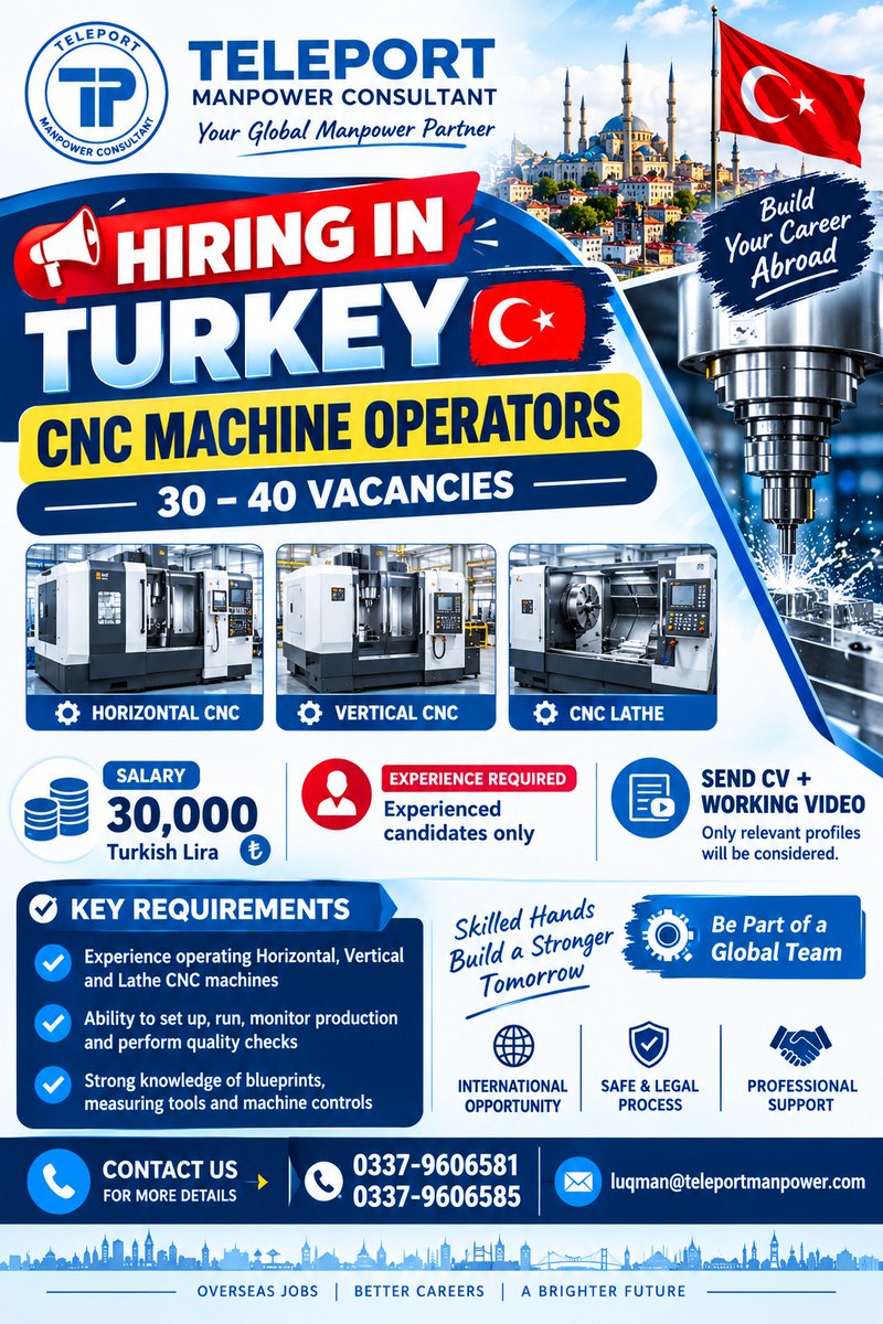 Teleportmanpow1's tweet photo. 🇹🇷 HIRING IN TURKEY!

🔧 CNC Machine Operators
👥 30–40 Vacancies
💰 30,000 Turkish Lira
⚙️ Horizontal CNC | Vertical CNC | CNC Lathe
✅ Experienced candidates only
📩 Send CV + Working Video
📞 0337-9606581 | 0337-9606585
📧 luqman@teleportmanpower.com
#TurkeyJobs #CNCJobs https://t.co/G8ubtbxLg2