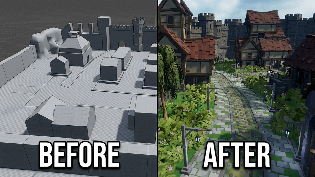 A side-by-side comparison labeled "BEFORE" and "AFTER" shows a 3D scene transformation from a grey, wireframe-outlined medieval town to a fully textured, colorful version with stone walls and greenery.