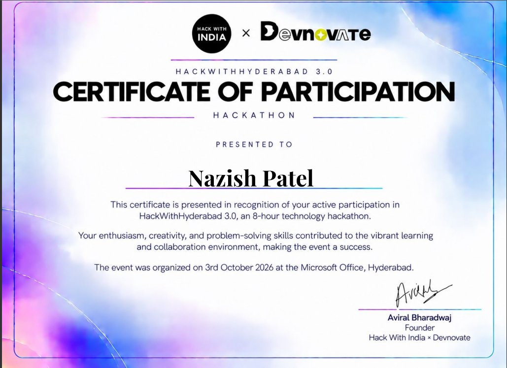 NazishPatel7's tweet photo. Just wrapped up HackWithHyderabad 3.0 ๐
8 hours of building, debugging and learning. Thanks to @HackWithIndia and @Devnovate for a great event, and Aviral Bharadwaj for leading it.
Already looking forward to the next one!
#HackWithHyderabad #Hackathon #BuildInPubliia https://t.co/5evDnHQdO9