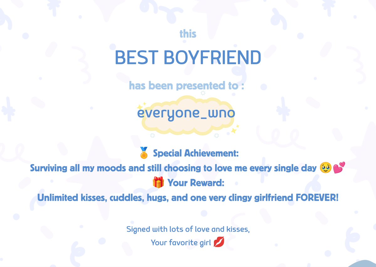 iamwinters's tweet photo. Officially awarding my boyfriend the certificate he deserves for being the best boyfriend ever @everyone_wno  😙🩷 https://t.co/dEnKkn1aFr