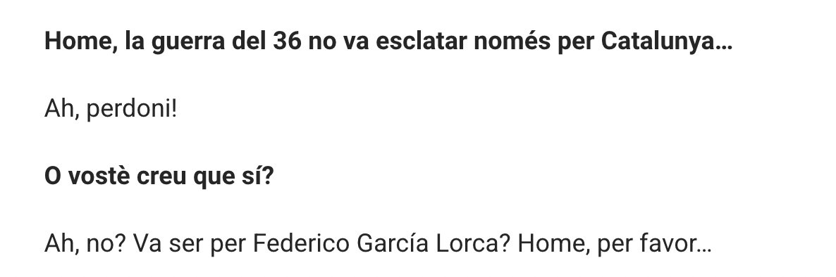 dianacoromines's tweet photo. Sanchis: La guerra del 36 no va esclatar només per Catalunya.
Cutillas: Ah, perdoni!
Sanchis: O vostè creu que sí?
Cutillas: Ah no? Va ser per Lorca? Home, per favor...

Això és clau i és l'actitud que ens farà lliures.
https://t.co/clBKG0wU5T https://t.co/YQWNmX7eq6