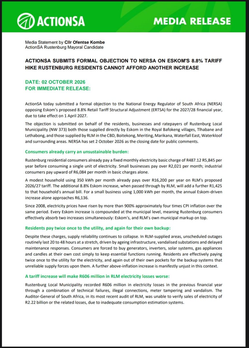 ActionsaRLM's tweet photo. Media statement by Action SA Mayoral candidate @OfentseKombe on Eskom's 8.8% tariff hike. https://t.co/MCvjYzu6Ys