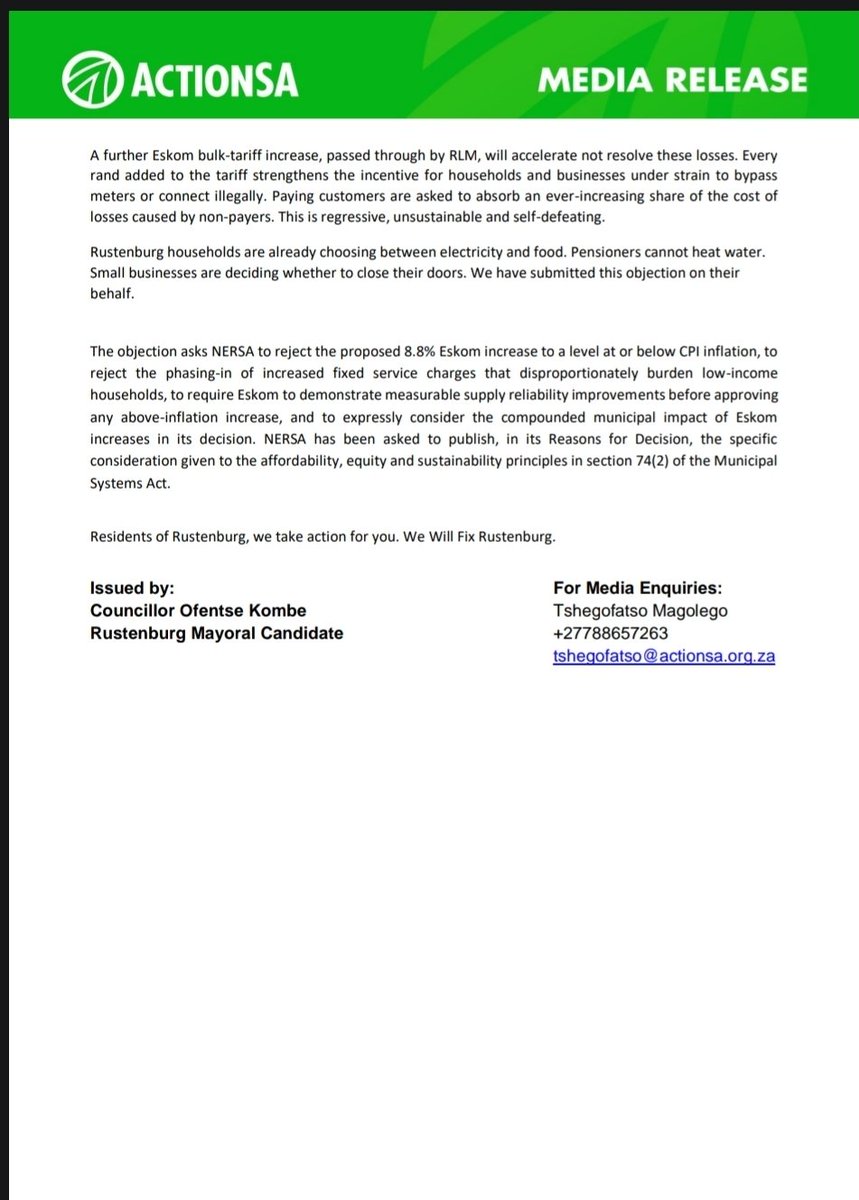 ActionsaRLM's tweet photo. Media statement by Action SA Mayoral candidate @OfentseKombe on Eskom's 8.8% tariff hike. https://t.co/MCvjYzu6Ys
